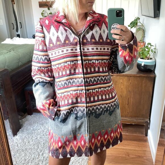 NorthStyle | Women’s Long Southwestern Blazer Jacket Coat Aztec Boho Red Zipper - Picture 1 of 11